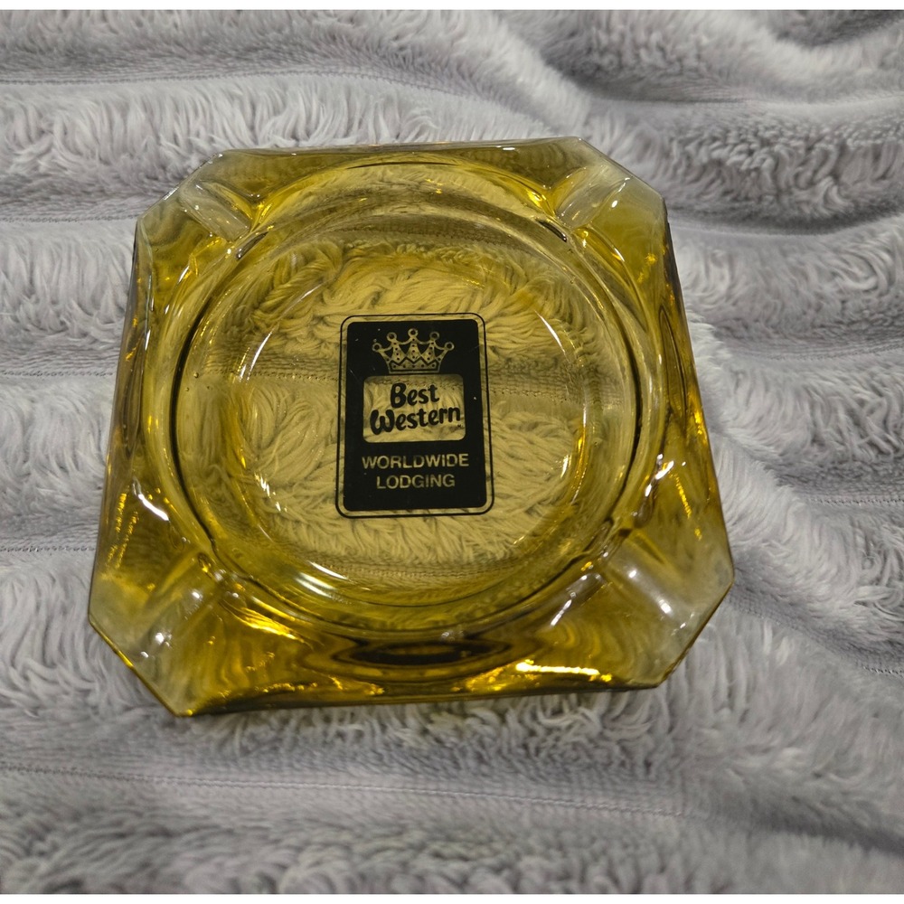 Vintage Best Western Worldwide Lodging Amber Glass Square Ashtray 3.75 Inch